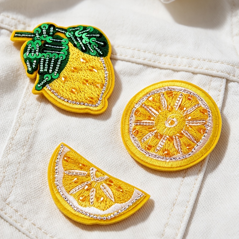 TEMU Lot de 3 pièces de patchs brodés à paillettes et perles citron, badges appliqués fruits à repasser ou à coudre, patch décoratif d'agrumes pour
