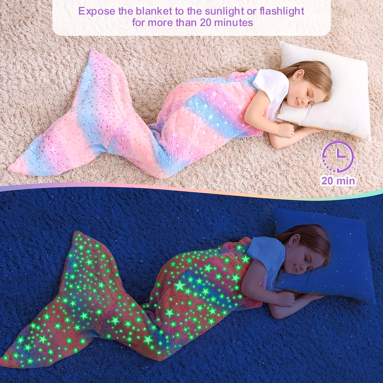 1pc Mermaid Tail Blanket - Glow-in-the-Dark Plush Mermaid Wearable Blanket 1pc mermaid tail blanket glow in the dark plush mermaid wearable blanket soft flannel blanket for girls teens and mermaid unicorn sleeping bag ideal for birthdays and kindergarten decor 250gsm Product details 3