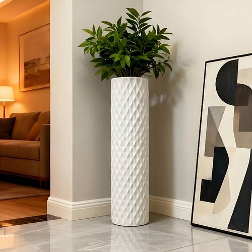 large durable plastic floor cabinet vase 48 cm tall features a european minimalist modern geometric cylindrical design in white black and gray suitable for hydroponics and dried flower arrangements lightweight and shatterproof