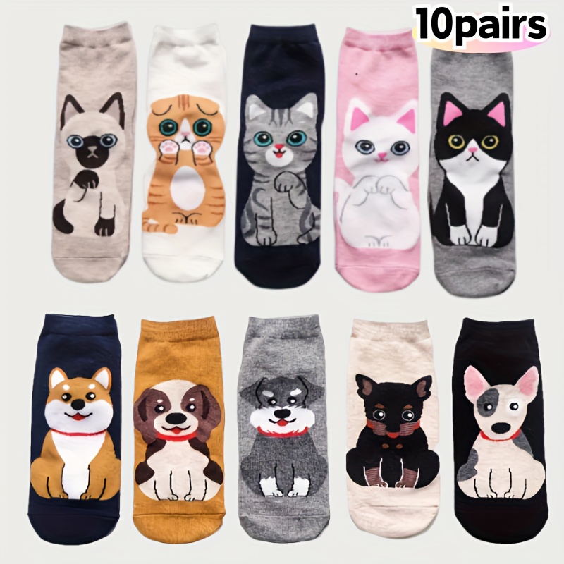 E-shop 5/10 Paar Socken mit Cartoon-Katzen- Hundemuster, niedliche bequeme atmungsaktive Stiefelsocken, Damensocken Strümpfe, für Teenager