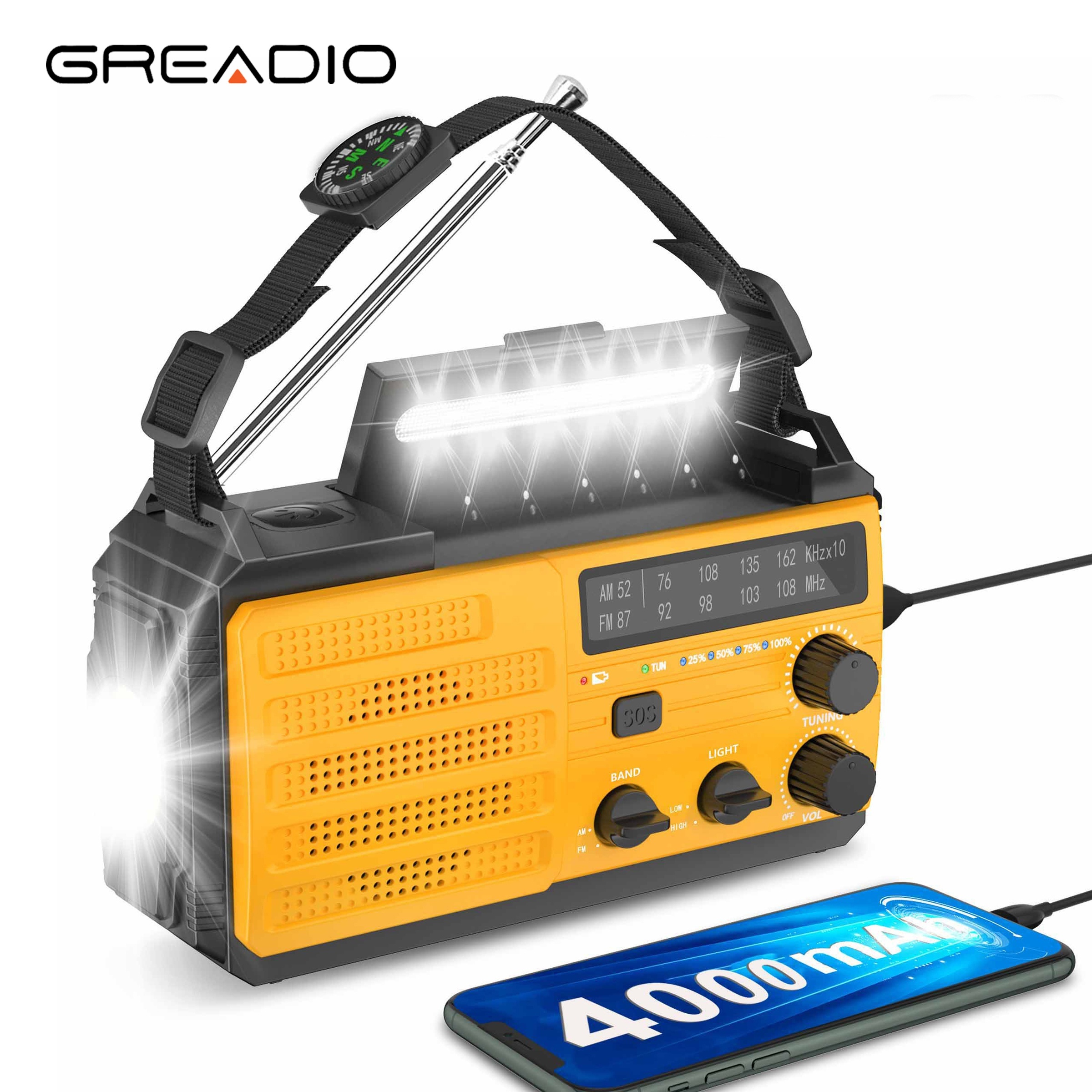 

Geradio- Emergency Weather Radio With 4000mah Battery For Emergency Phone Charger, Hand Solar Powered Radio With Weather Alert, 3 Bright Flashlight, Sos Alarm, Compass For Emergency & Outdoor