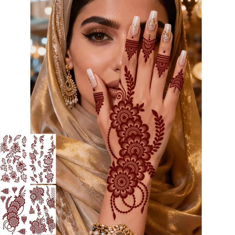 TEMU 4 Hojas Marrón, , Borgoña Sexy Florales Dedos y Manos Tatuajes Temporales Adhesivos, Tatuajes Florales Impermeables para Mujer, Adecuados para ,