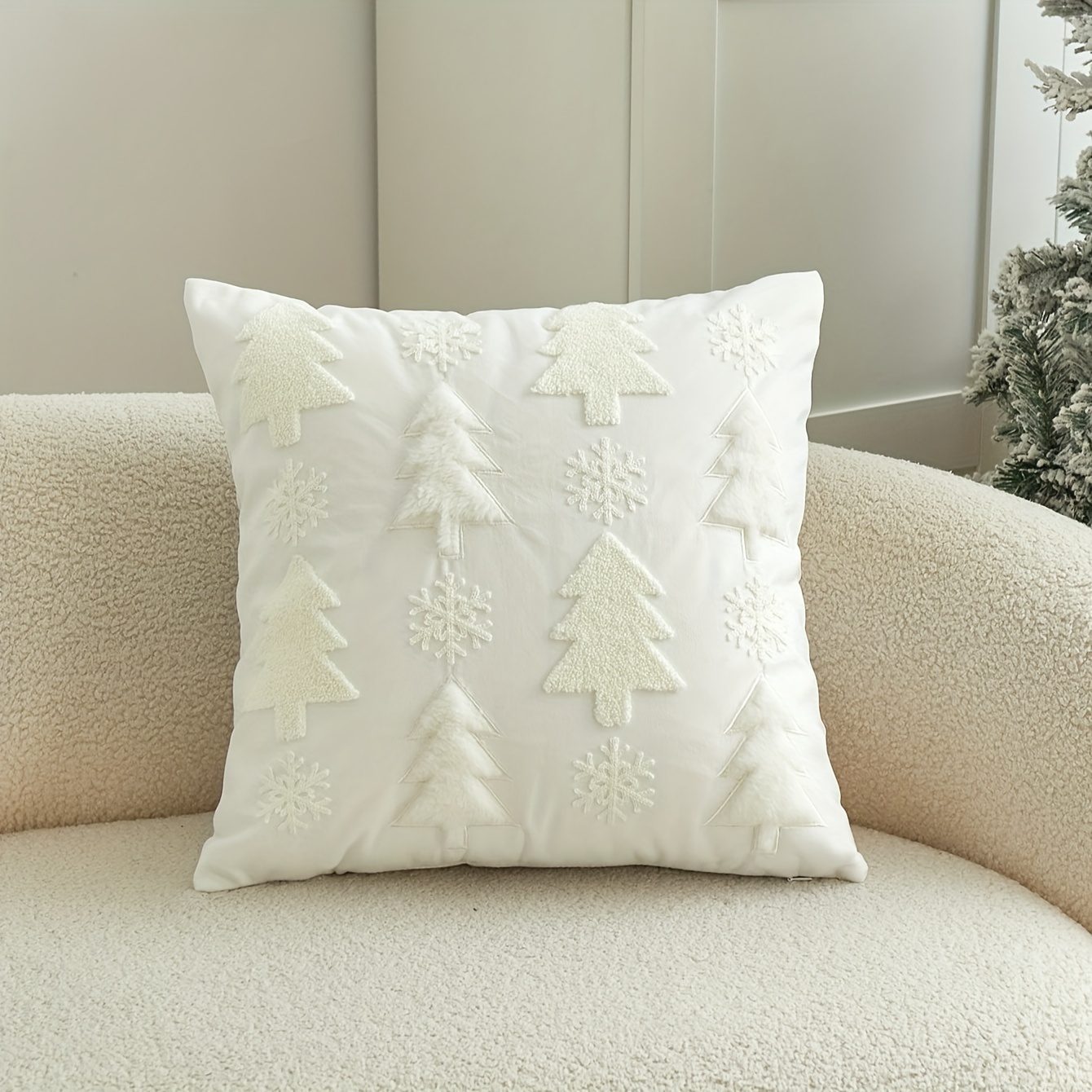 Image of Commuting Winter Christmas Style Pine Needle And Snowflake 3d Embroidered Pillowcase, 1pc, Home Decor For Living Room, Indoor, Bedroom