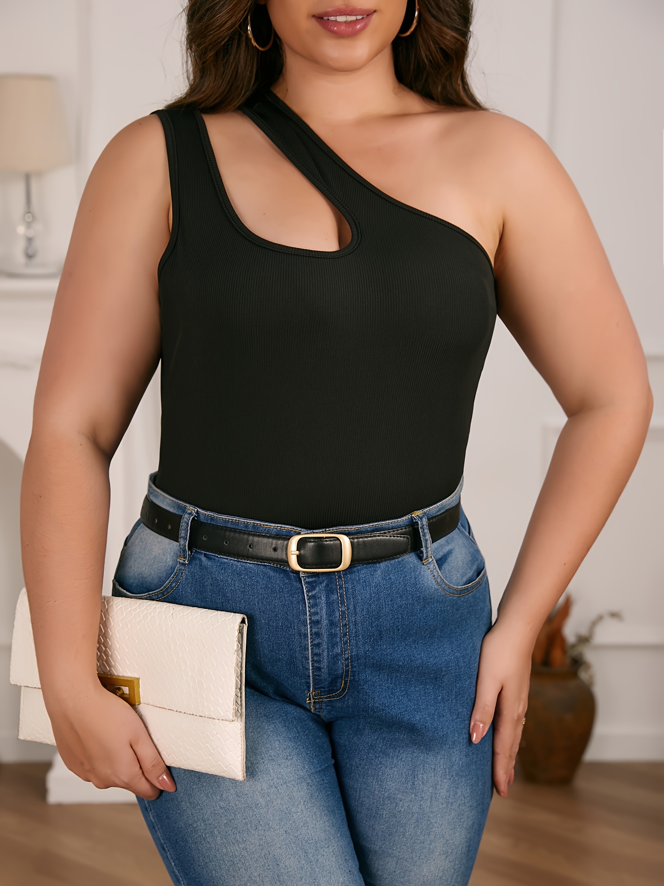 plus size single shoulder asymmetric strap tank top stretchy