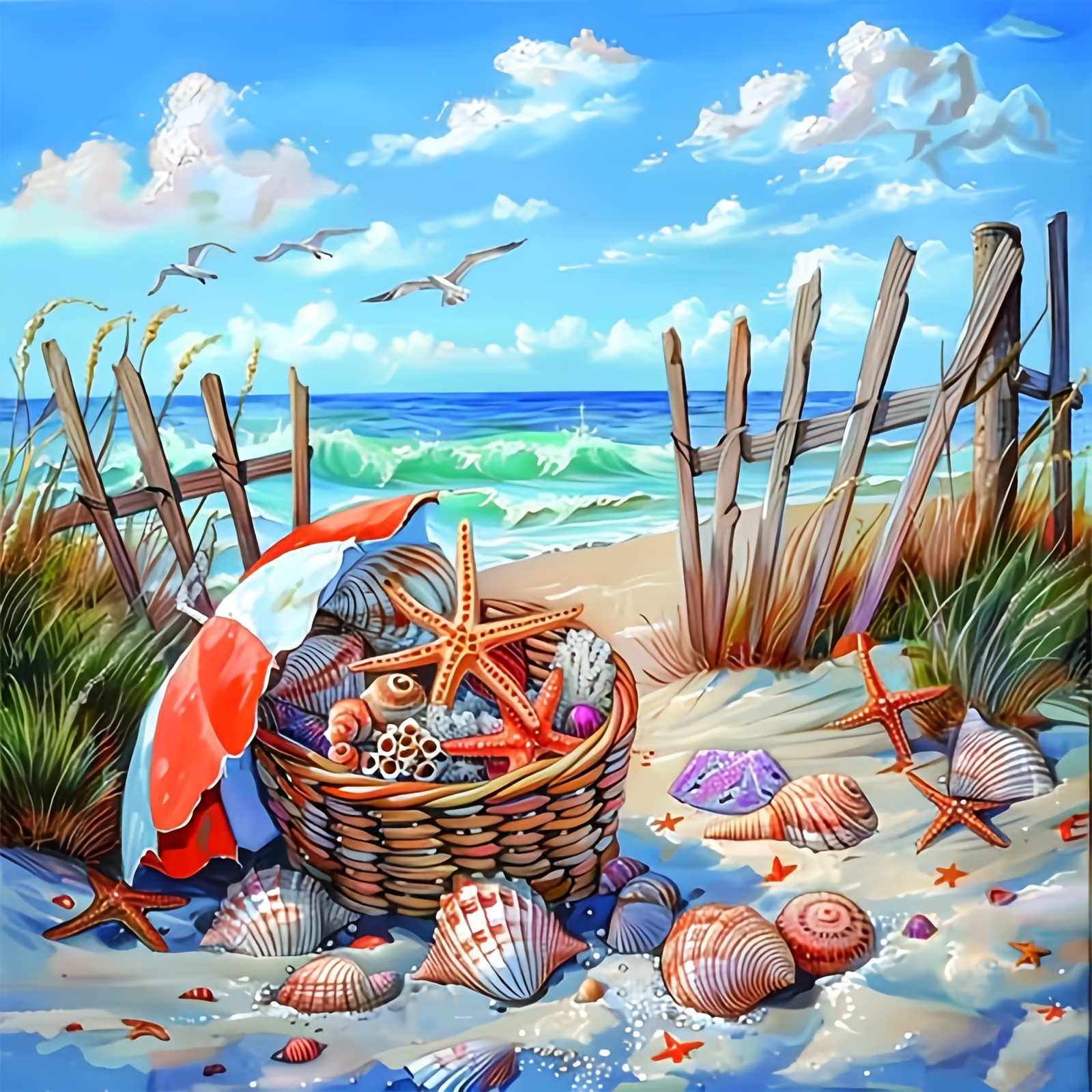 Cross-Stitch Printing Kit Featuring 'Beach Shell Starfish Basket' Design
