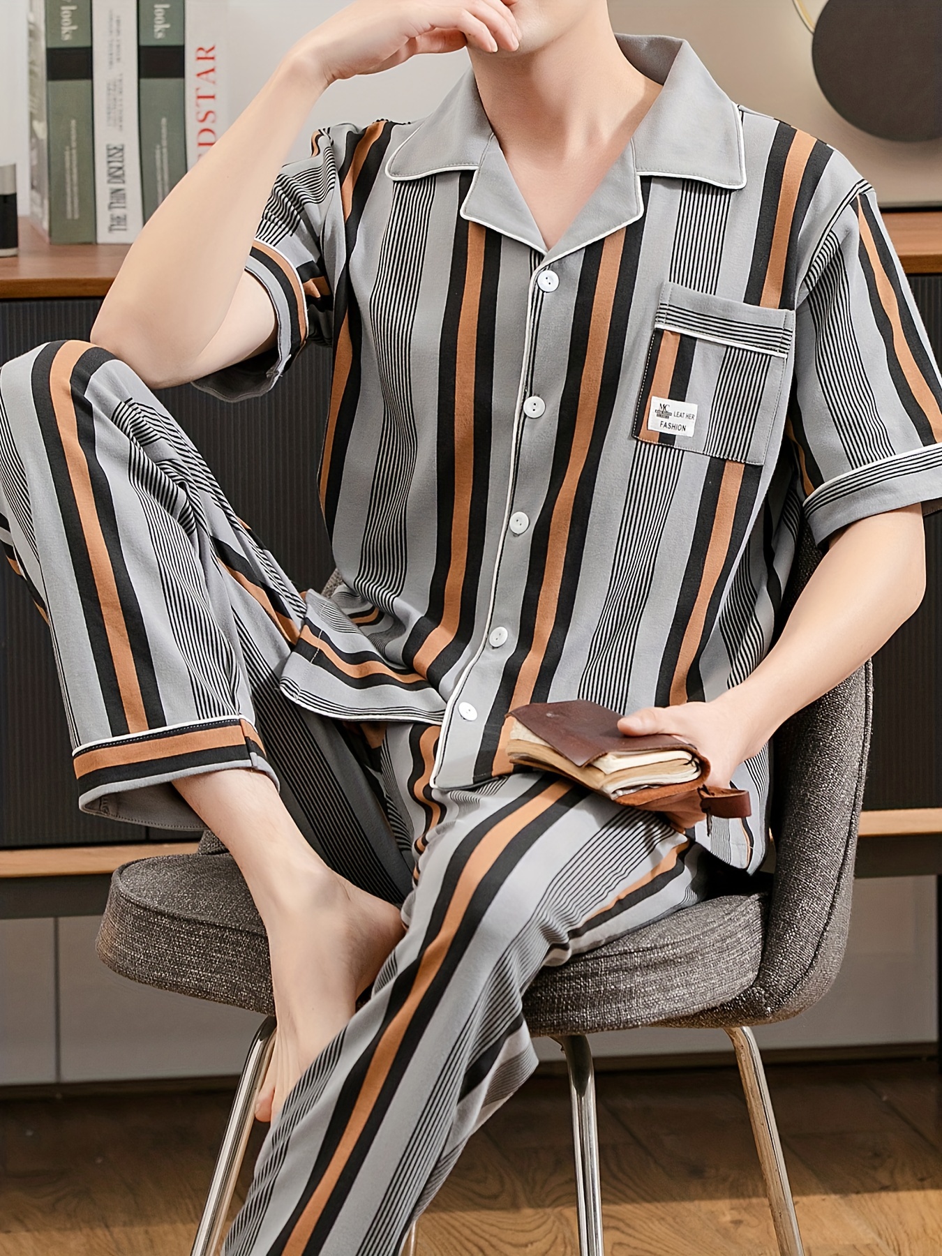 Men's Cotton Pajama Set - Striped Short Sleeve & Long Pants, Lightweight Summer Sleepwear with Lapel Collar and Pockets