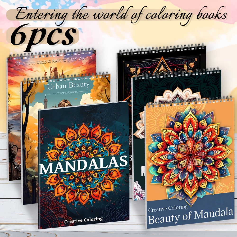 TEMU 6pcs Deluxe Mandala Coloring Book Set, Mandala & Character Series, 11.6×8.27 Large Size, Exquisite Art, Spiral & Stitching, Coloring, Thick ,