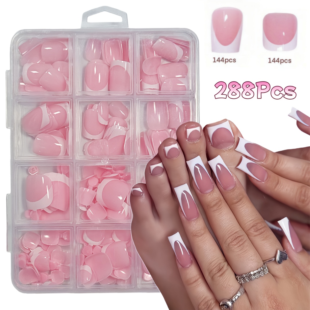 288pcs Short Square Press On Nails And Toenail Combination, Pink French Tip Soft Gel Nail Tips, Used As False Nails For, Easy And Versatile Style In 15 Sizes Suitable For Women