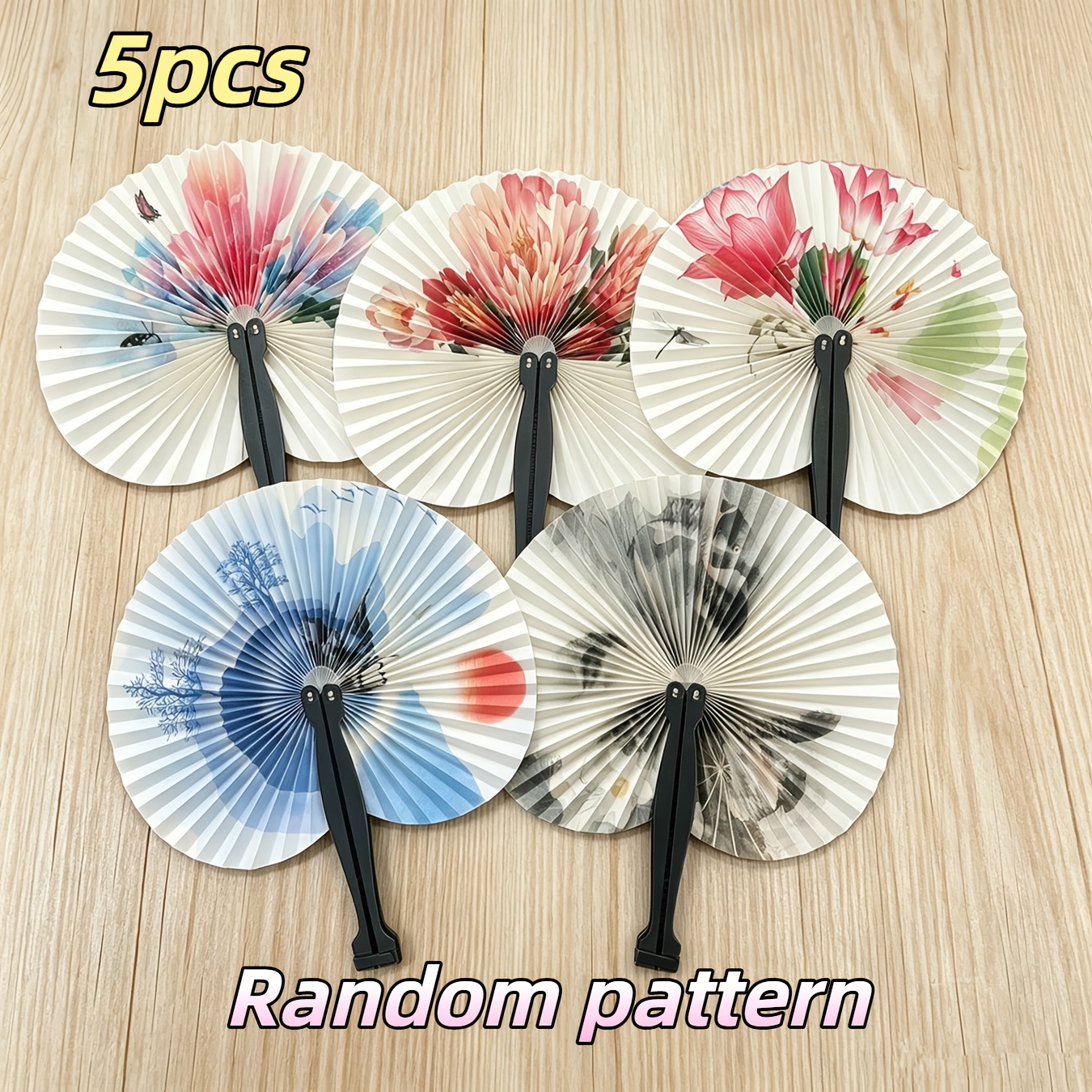Image of 2pcs/5pcs Portable Folding Paper Fan, Traditional Chinese Painted Paper Fan, Suitable For Weddings, Birthdays, Dance Performances And Photography Props, Patterns Are Random.
