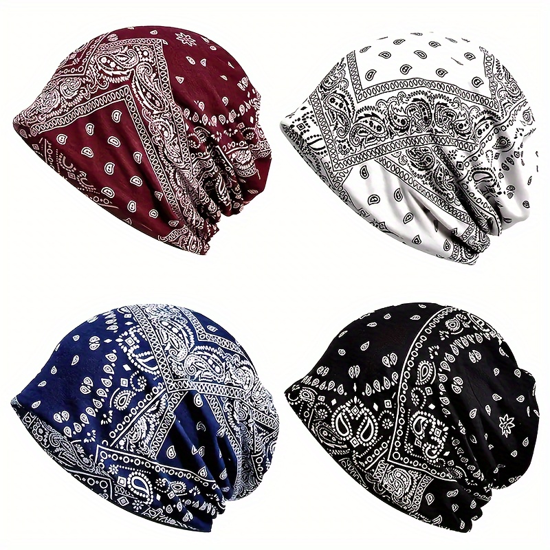 

4-pack/set Men's Geometric Patterns Mix Color Baggy Slouchy Chemo Sleep Beanie Hat Skull Cap For Women