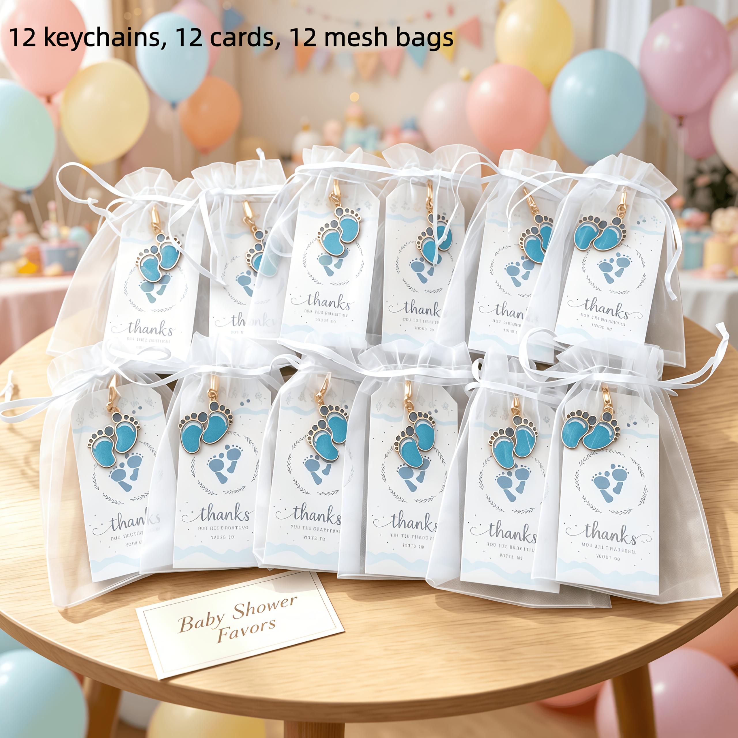 TEMU 36pcs Gift For Her/him, Blue Footprint Keychain Favor Set - 12 Keychains   12 Thank You Cards   12 Organza Bags, Suitable For Shower Decorations