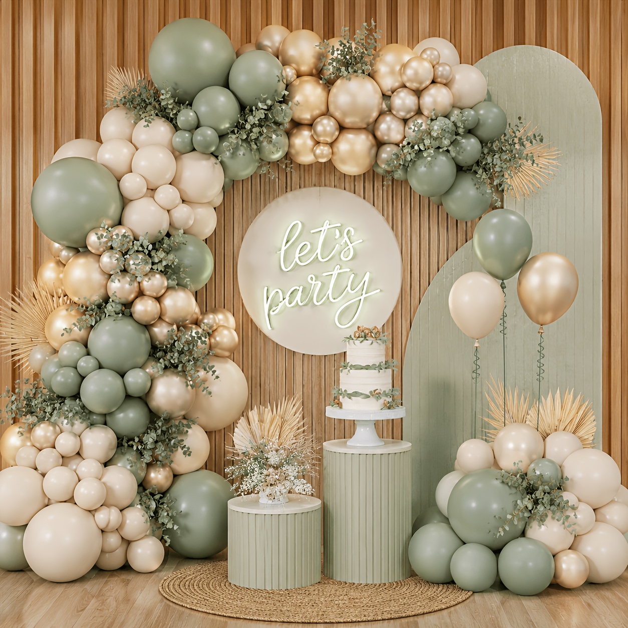 Image of Bean Green Balloon Garland Arch Kit, Includes Bean Green And Sand White Golden Balloons, Suitable For Children's Shower Bridal Shower Birthday Party Decorations