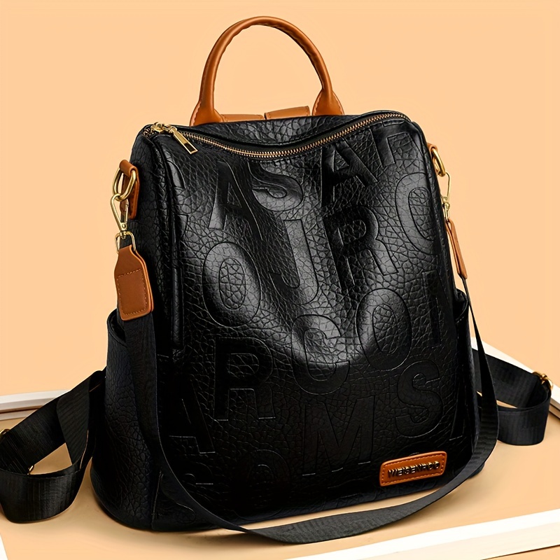 

Stylish Black Backpack For Women - Large Capacity, Adjustable Straps, Golden-tone Hardware, Crocodile Texture, Foldable Design, Commuting Or Casual Use, Backpack For Travel