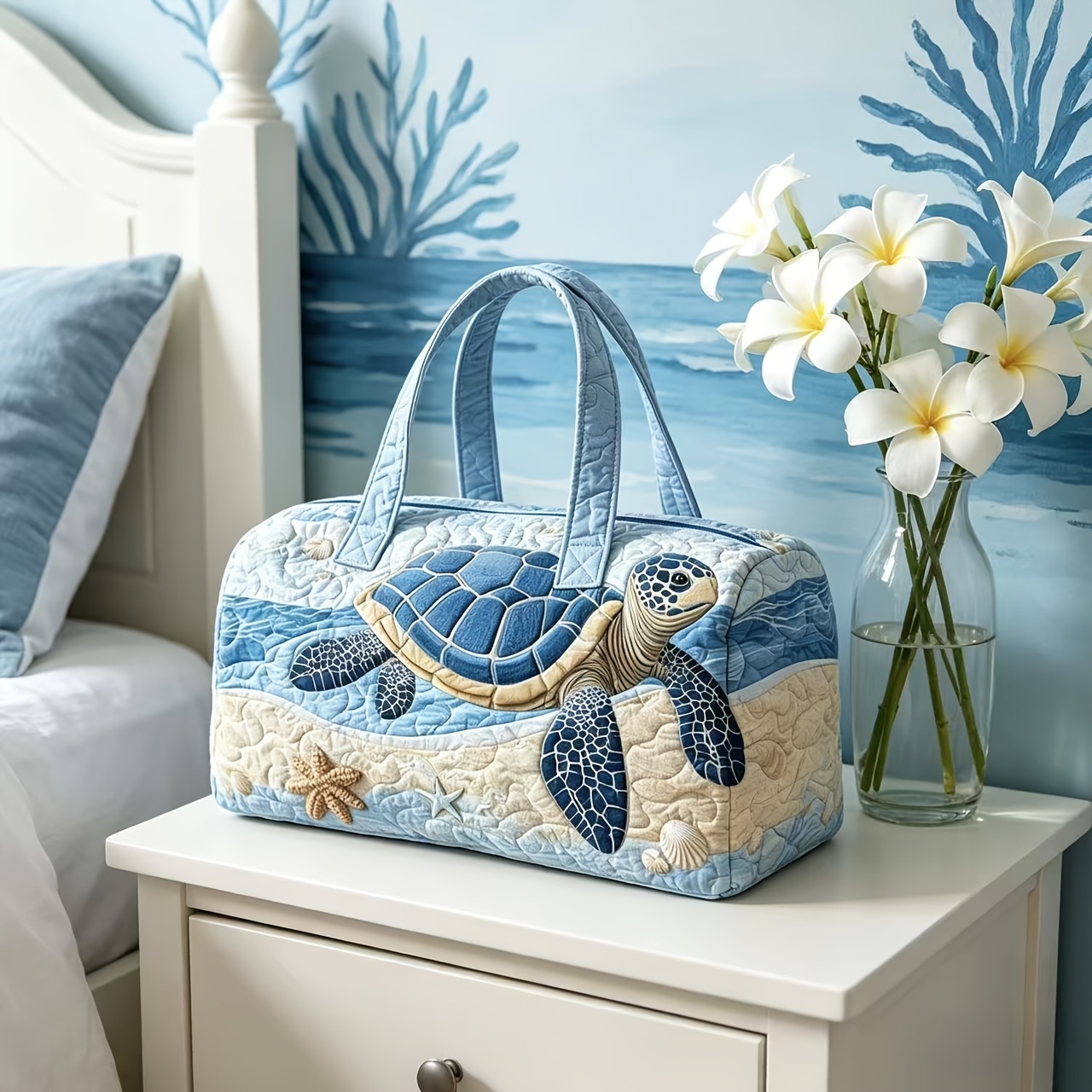 TEMU Women' Sea Turtle Print Quilted Travel Bag - Large Capacity Carry-on Suitcase With Zipper Closure & Shoulder Straps, Machine Washable Luggage