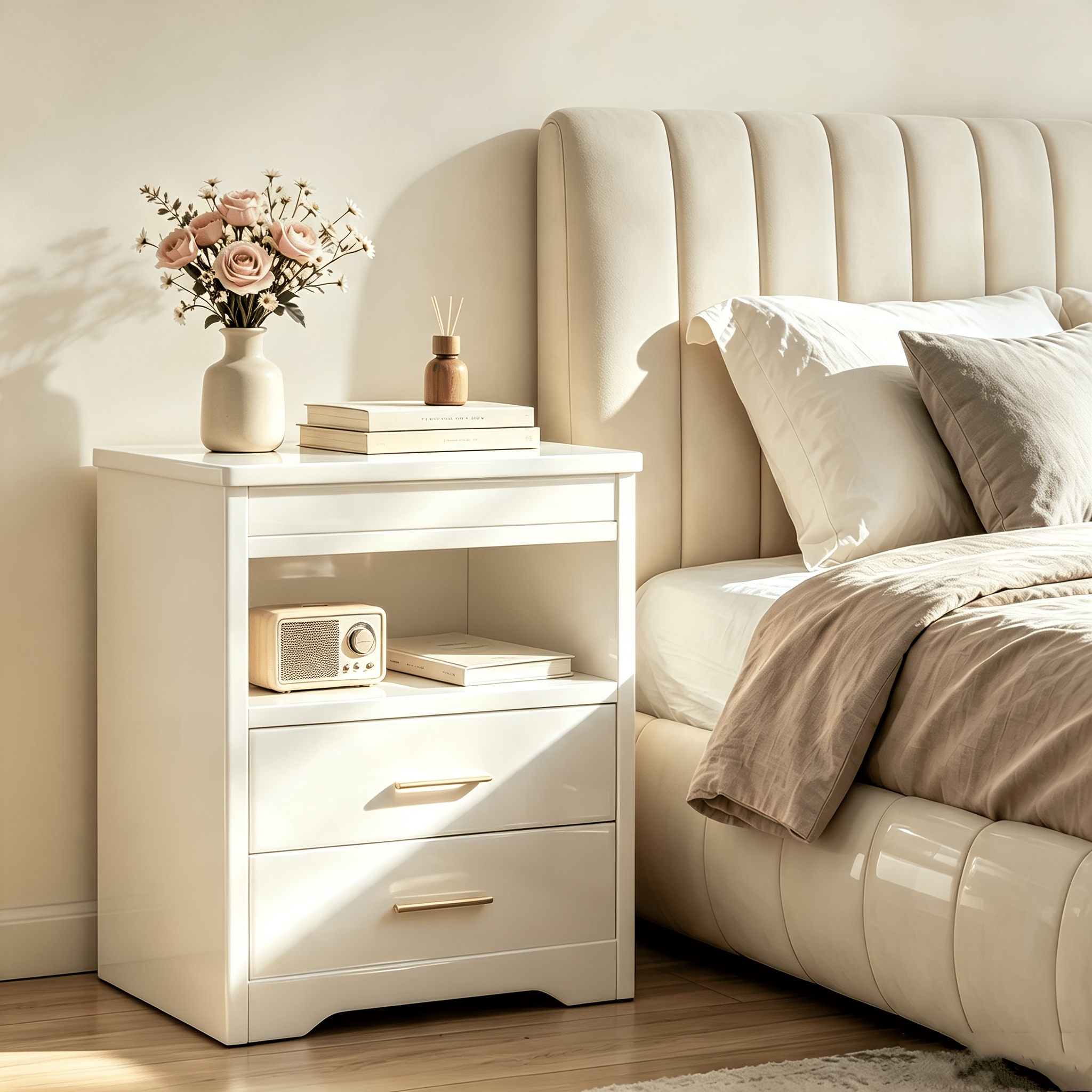 TEMU High-gloss Bedroom Nightstand, 44x39x58 Cm Cm Large Capacity, Sofa Sideboard With 2 Drawers, With 6.5 Cm Deep Privacy Sliding Tray, With 1 Tier