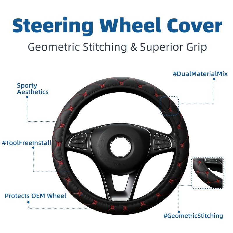 Funda de Volante en Cuero PU, Sin Anillo Interior para Fácil Instalación, Textura Clásica de Estrella de Cuatro Puntas y Rombos, Compatible con Volantes Tipo O y D de 38 cm/15