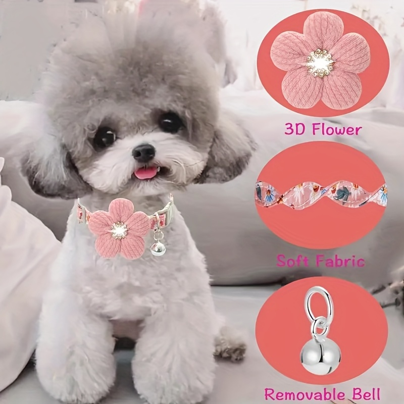 floral dog collar with 3d flower charm and detachable bells suitable for small dogs and cats soft adjustable polyester pet collar with pink white floral pattern   accessory Product details 2