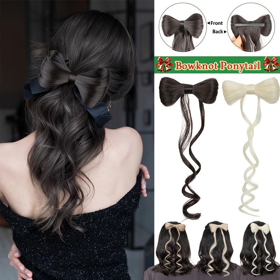 14inch 35cm bowknot synthetic hairpiece with ponytail cute natural curly hair clip in hair extensions styling clip decorative hair clip hairpieces highlight   bleach blonde   for women daily party dating christmas use details 0