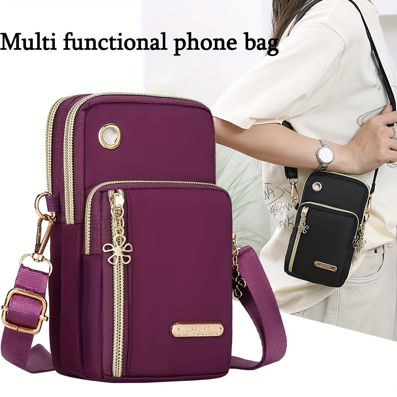 

Women's Nylon Crossbody Phone Bag With Zipper Closure, Solid Color, Polyester Lined, Mini Fashionable Shoulder Pouch With Random