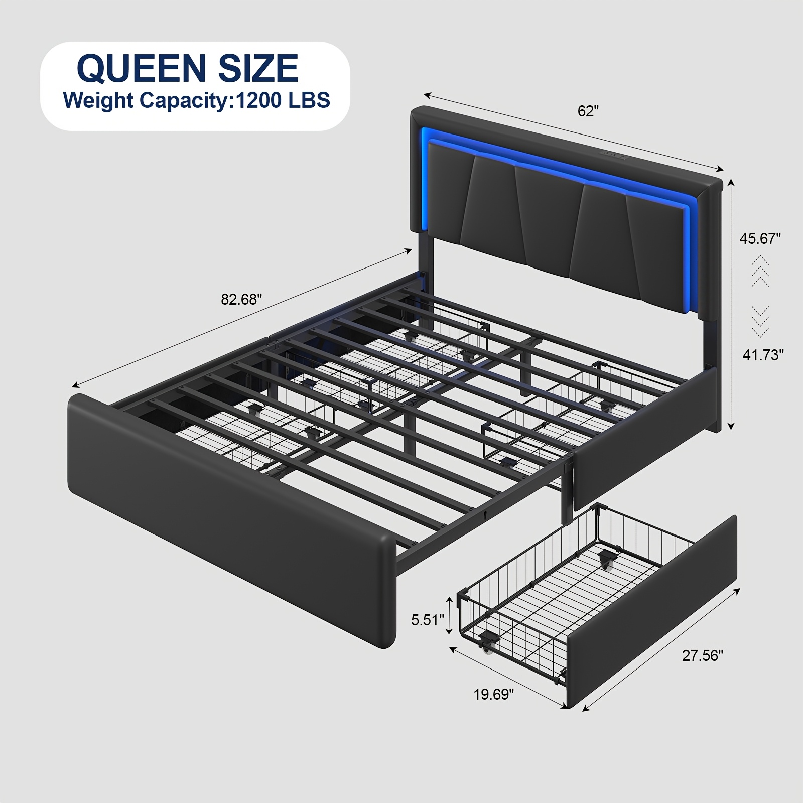 TEMU Upholstered Platform Bed Frame With 4 Storage Drawers, Twin/full/queen Size Bed Frame With Led Lights And Adjustable Headboard, Metal Slats Support, Charging Station, Easy Assembly