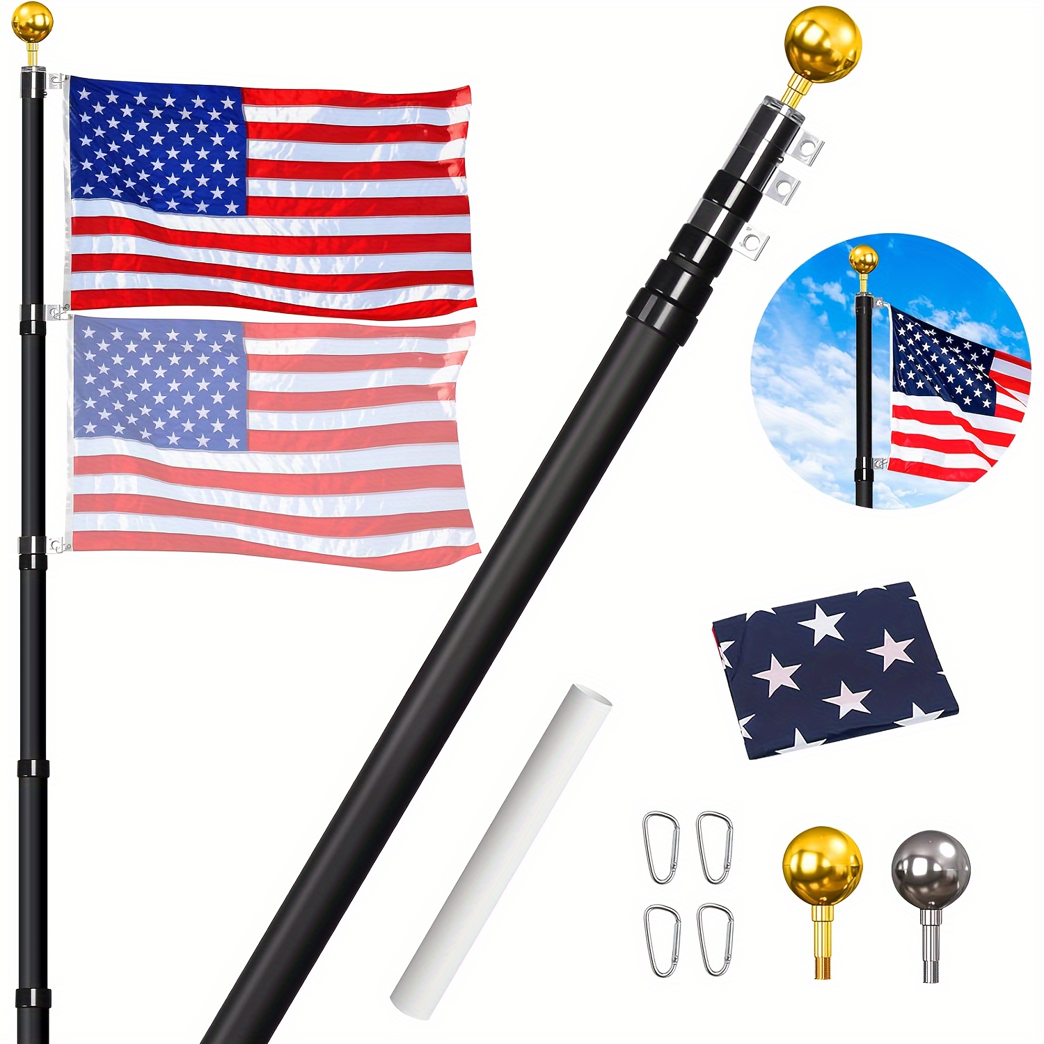 

Telescopic Flag Pole Kit, Heavy Duty Aluminum Telescoping Flagpole, Extra Thick Outdoor In Ground Flag Poles With 3x5 American Flag For Yard, Residential Or Commercial