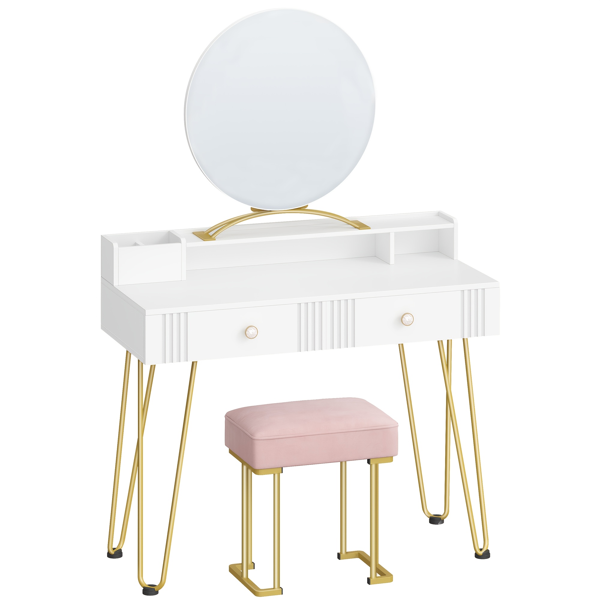 Dressing Table With Stool, Dressing Table With Mirror, 40 X 90 X 140 Cm, Cosmetic Table With Drawers, Pink Padded Stool, Bedroom, Modern, Matte White And Golden