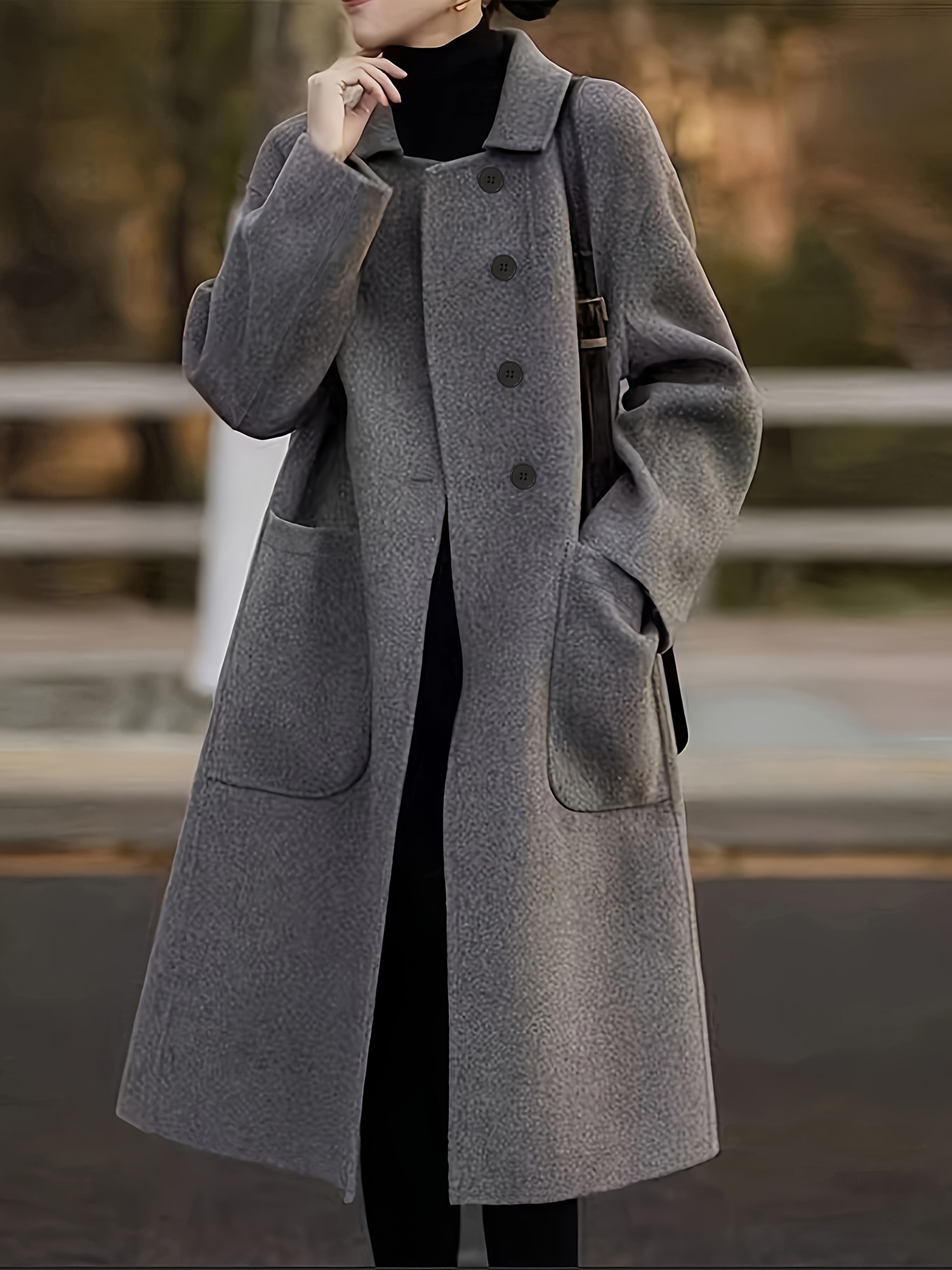 womens elegant coat long sleeve solid color regular fit h shape autumn   no belt with pockets polyester fabric special collection