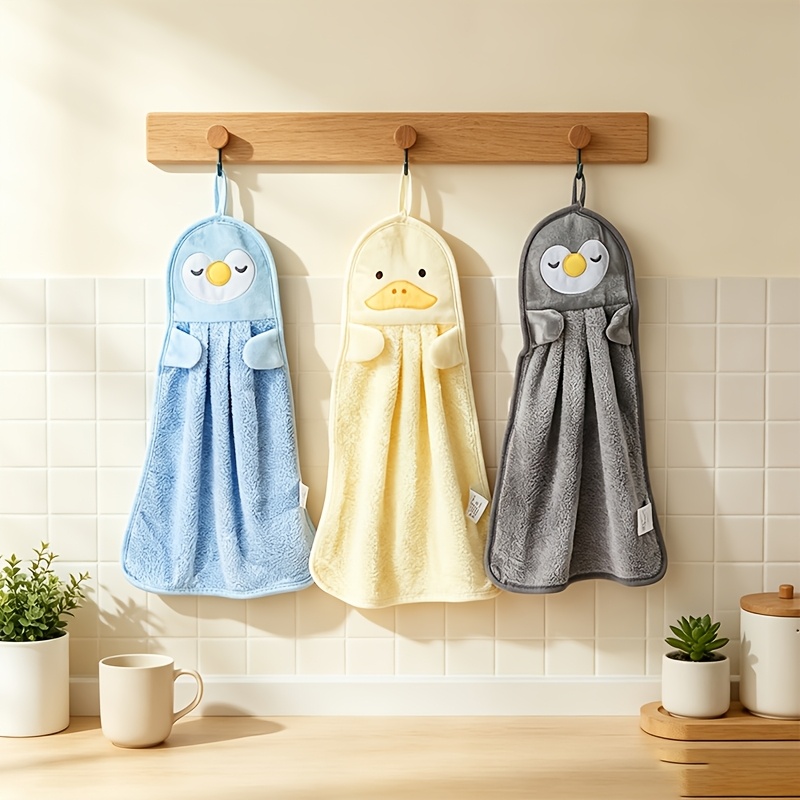 TEMU Cute Cartoon Penguin And Duck Hanging Hand Towel, Fleece Absorbent Hand Drying Towel With Hanging Loop For Kitchen Bathroom Room Home Decor