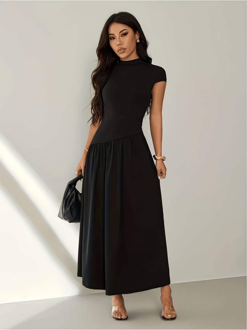 Women's Solid Color Stand Collar Puff Sleeve Pleated Long Casual Dress, Summer Dress