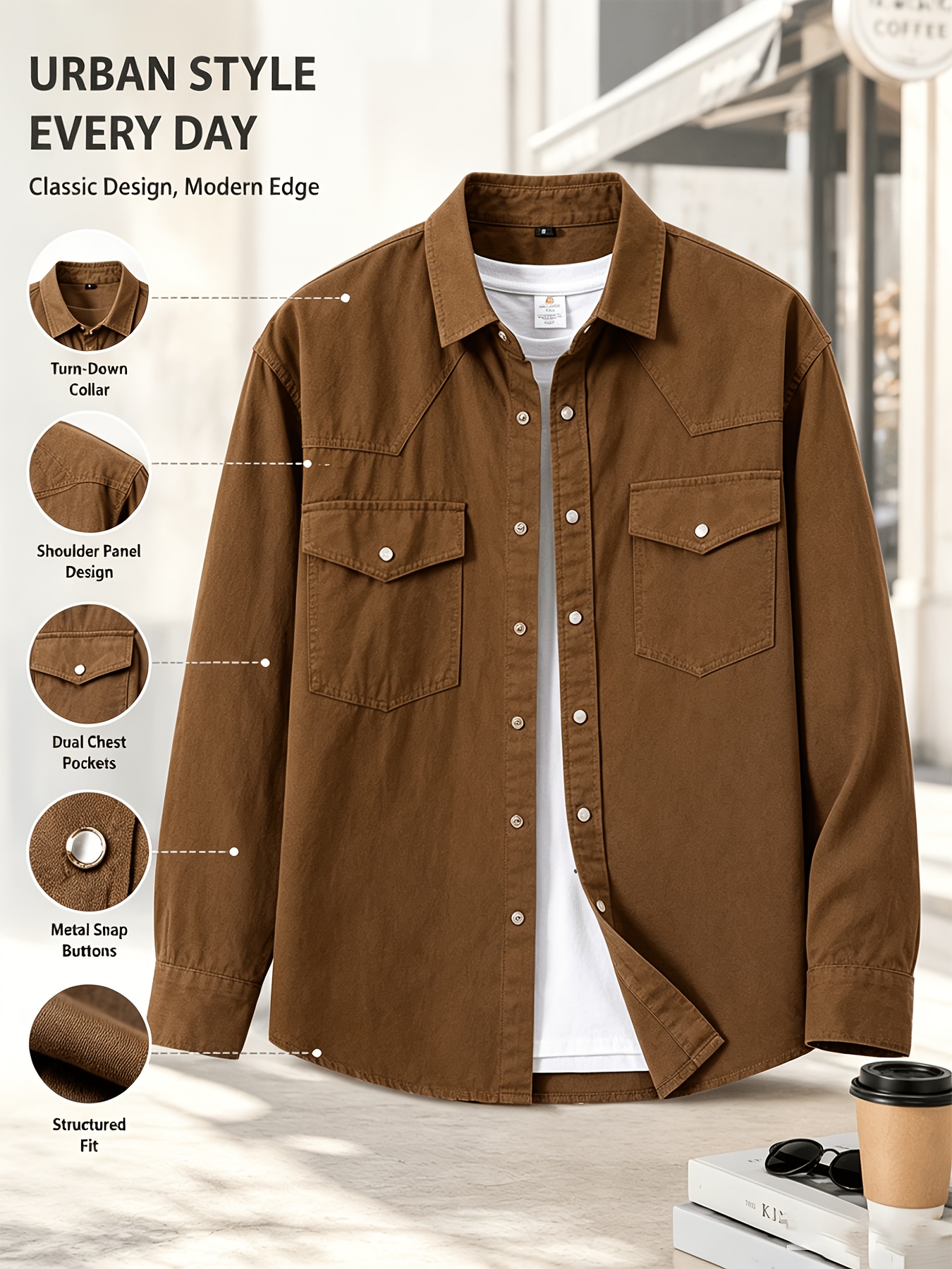 Men's American Workwear Style Shirt Jacket with Snap Buttons, Dual Chest Pockets, Structured and Well-Fitted. Soft and Breathable, Can Be Worn Alone or Layered. Versatile Basic Long-Sleeve Top for Daily Commuting, Work, Dates, and Weekend Casual Wear