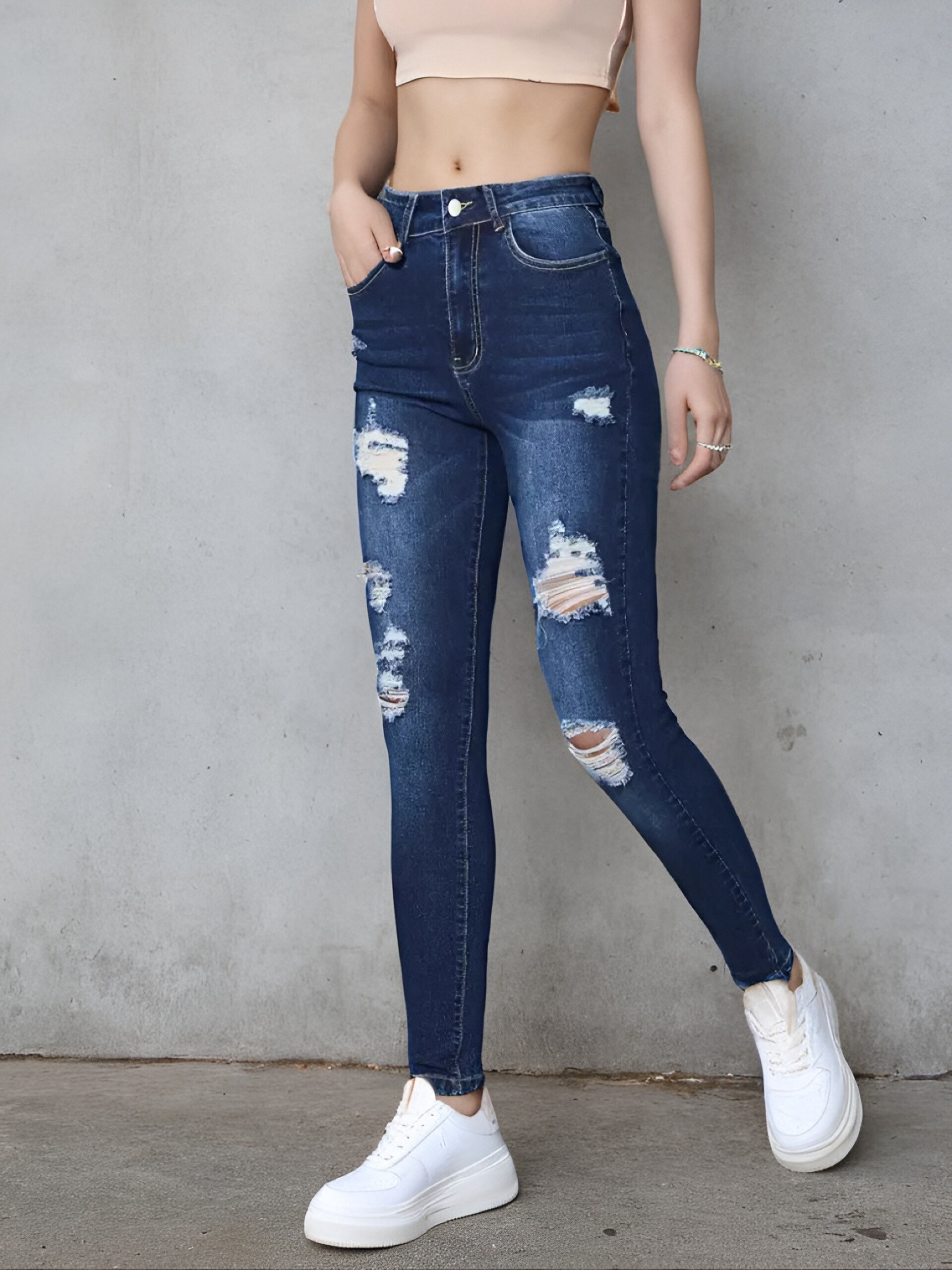 women's high stretch skinny jeans casual ripped denim solid Temu