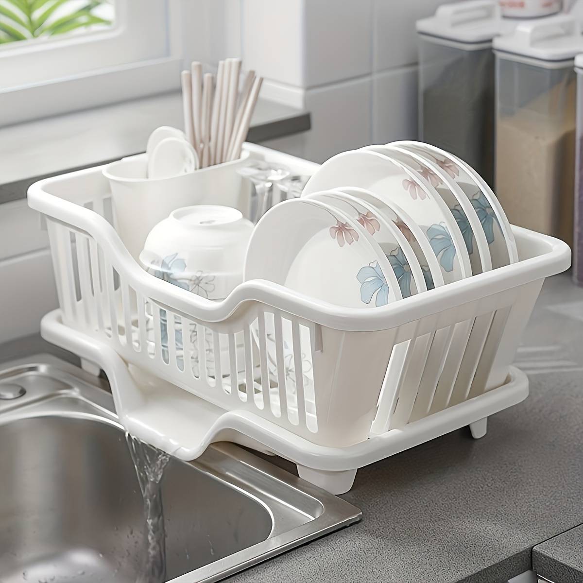 

1pc Space-saving Plastic Dish Drainer With Cutlery Holder & , Multifunctional Kitchen Organizer Rack For Home & Dormitory Use