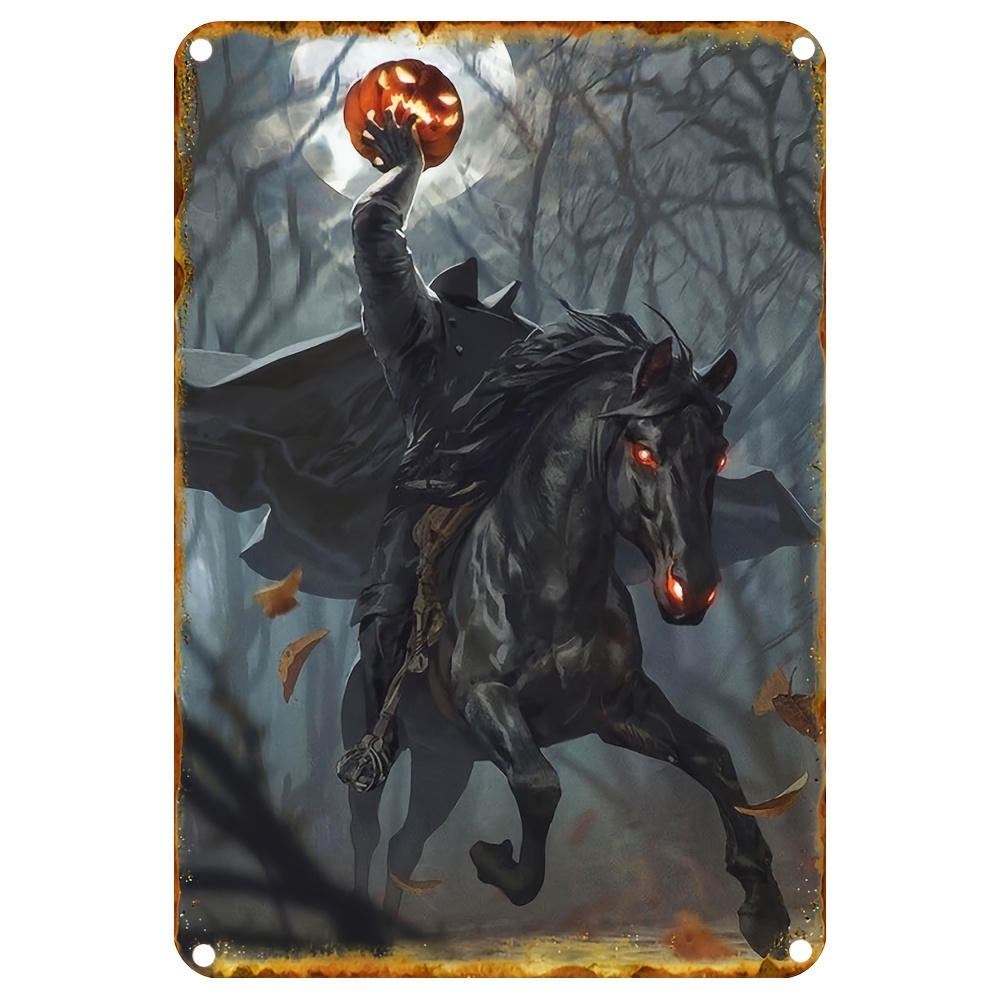 

Spooky Halloween Wall Art - Headless Horseman & Pumpkin, Dark Caped Knight Metal Poster | Perfect For Bedroom & Room Decor | 7.87 X 11.81 Inches