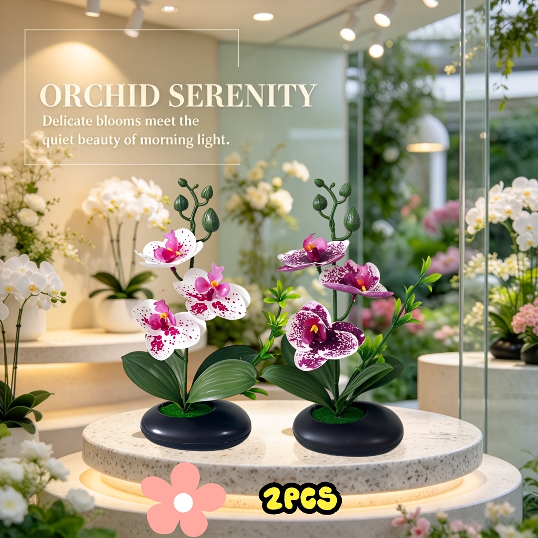 TEMU 2pcs Orchidées Phalaenopsis Artificielles de Couleurs Mélangées en Pot, Blanches à Pois et Fleurs à Pois Violets, et Élégantes Pétales, Feuilles