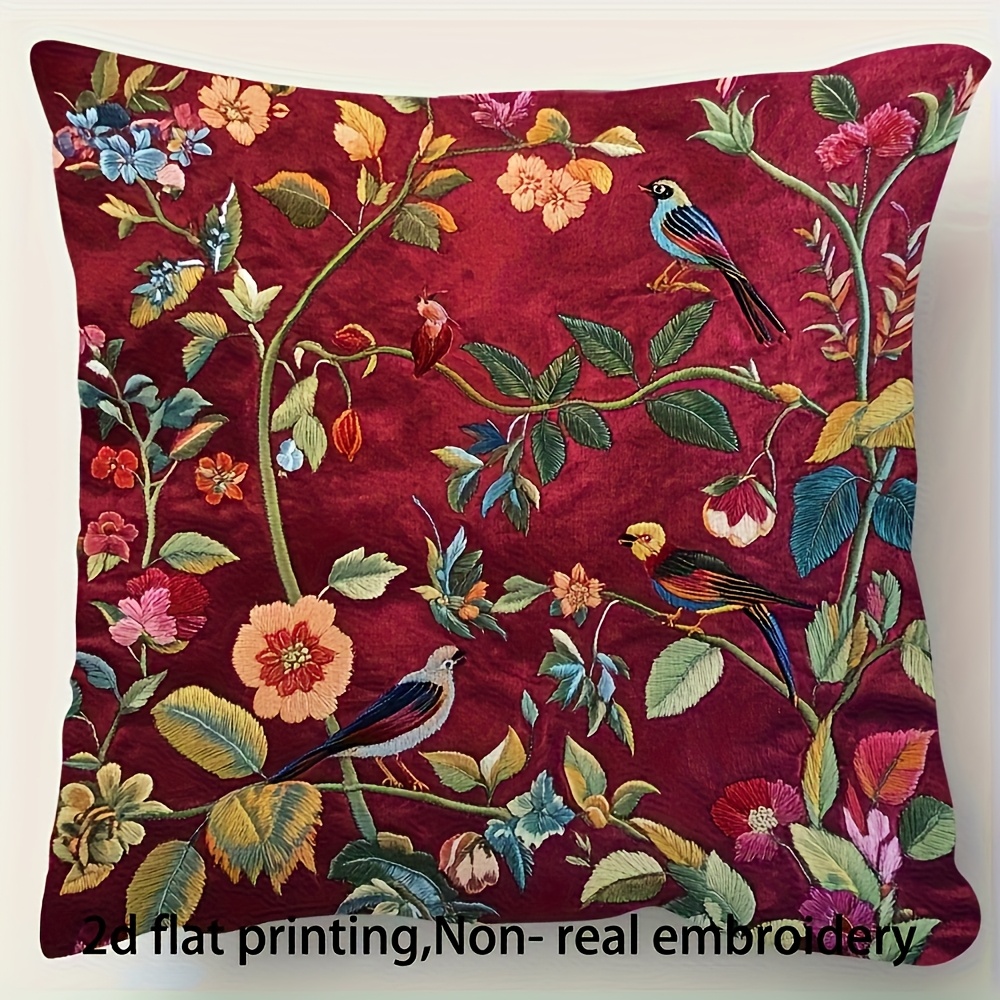 TEMU 1pc 2d Printed Short Plush Decorative Pillowcase, Non-embroidered, 45.72x45.72cm, Floral Bird Branch Pattern Cushion Cover, Suitable For Sofa