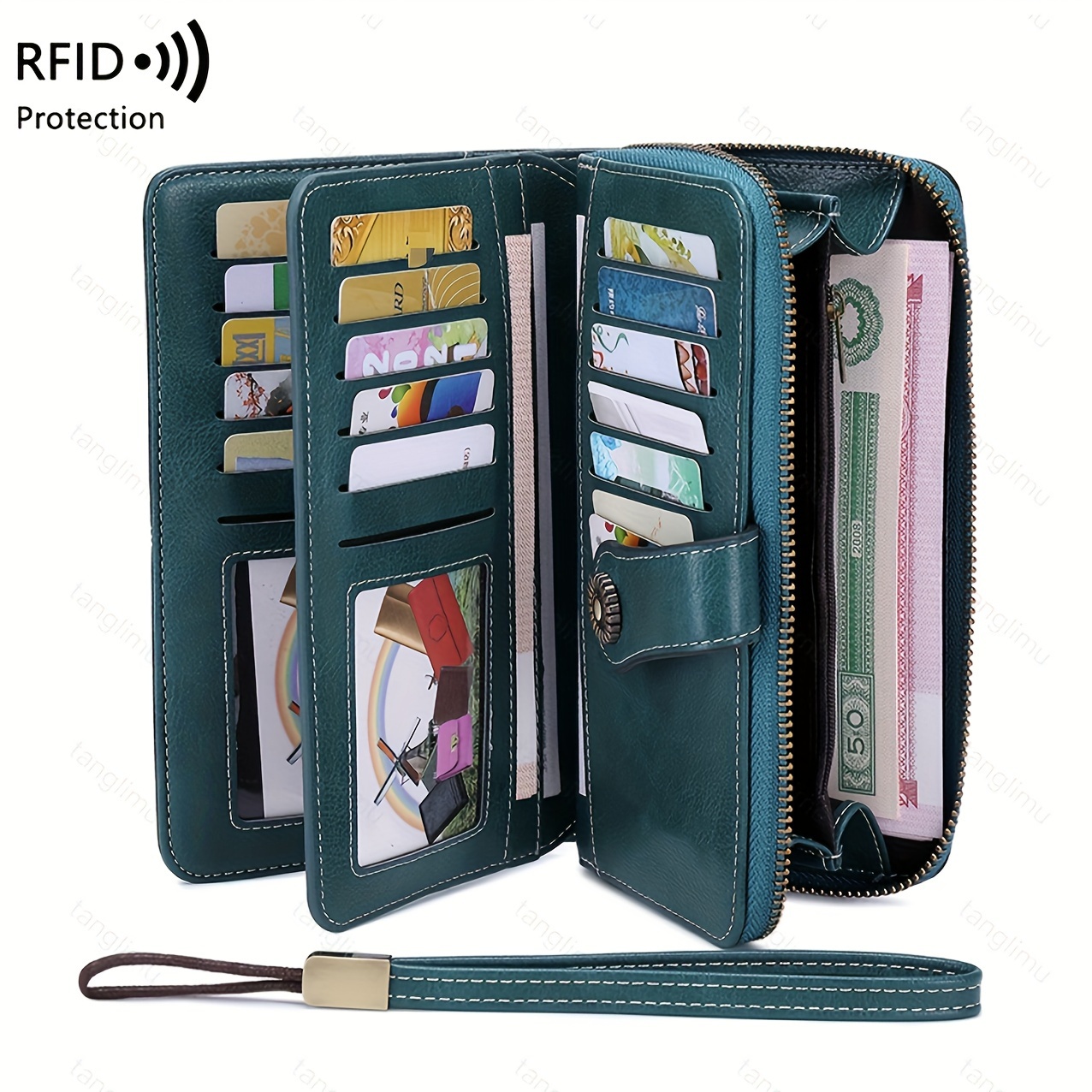 TEMU Rfid-blocking Vintage Large-capacity Women's Faux Leather Wallet Clutch With Wrist Strap And Zippers