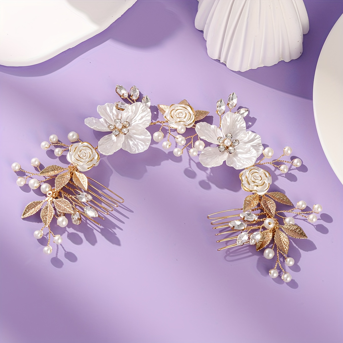 TEMU Modischer Keramik-Haarkamm mit Blumen- und Blättermotiv, Kunstperlen und Strasssteinen, Exquisites Kopfschmuck für elegante Partys und Events