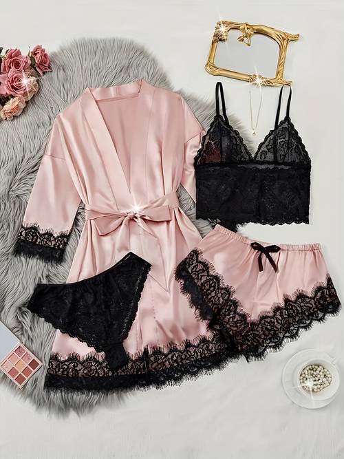 womens satin fabric pajama set floral lace camisole sleepwear and robe 4pcs set plus size nightwear with pants and belt loungewear
