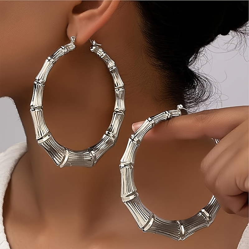 Image of 2pcs 14k Gold Plated Large Bamboo Hoop Earrings, Hollow Casting Hip-hop Style Women's Earrings, Hoop Earring Set For Women