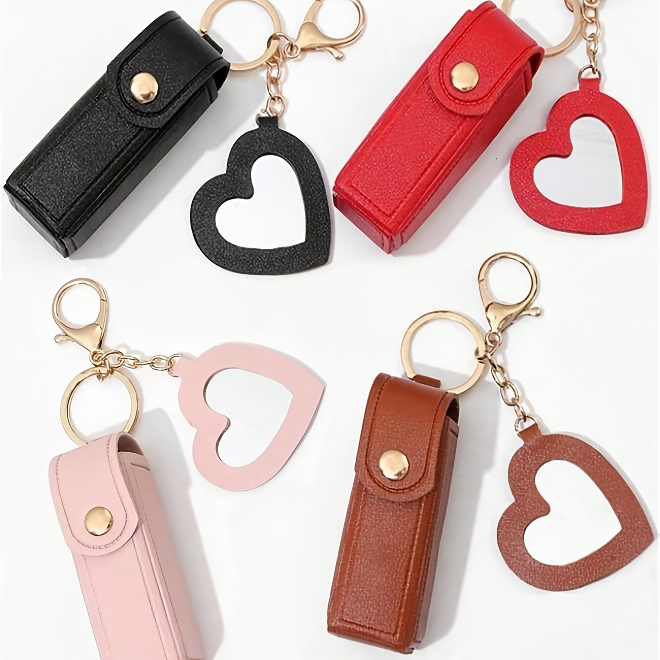 TEMU 4pcs/set Lipstick Holder With Heart-shaped Mirror, Very Suitable For Women's Makeup Use, Keychain. Heart-shaped Mirror Decorated Lipstick Case,