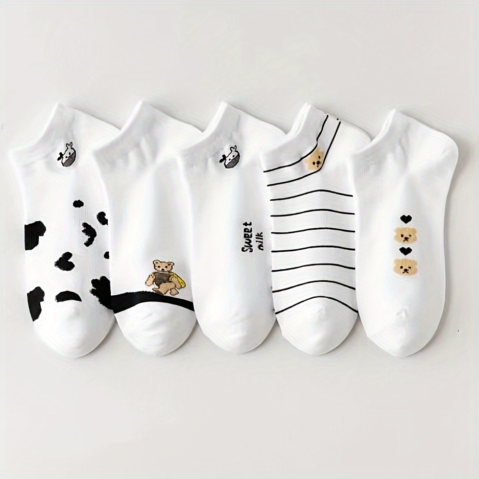 

5 Pairs Cartoon Cow & Animal Socks, Cute & Breathable Low Cut Ankle Socks, Women's Stockings & Hosiery