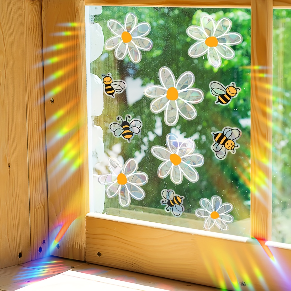 * Blatt bunte Bienen-Weißblumen-Fensterdekoration, statische Glassticker mit beidseitigem Muster für Frühlingshausdeko