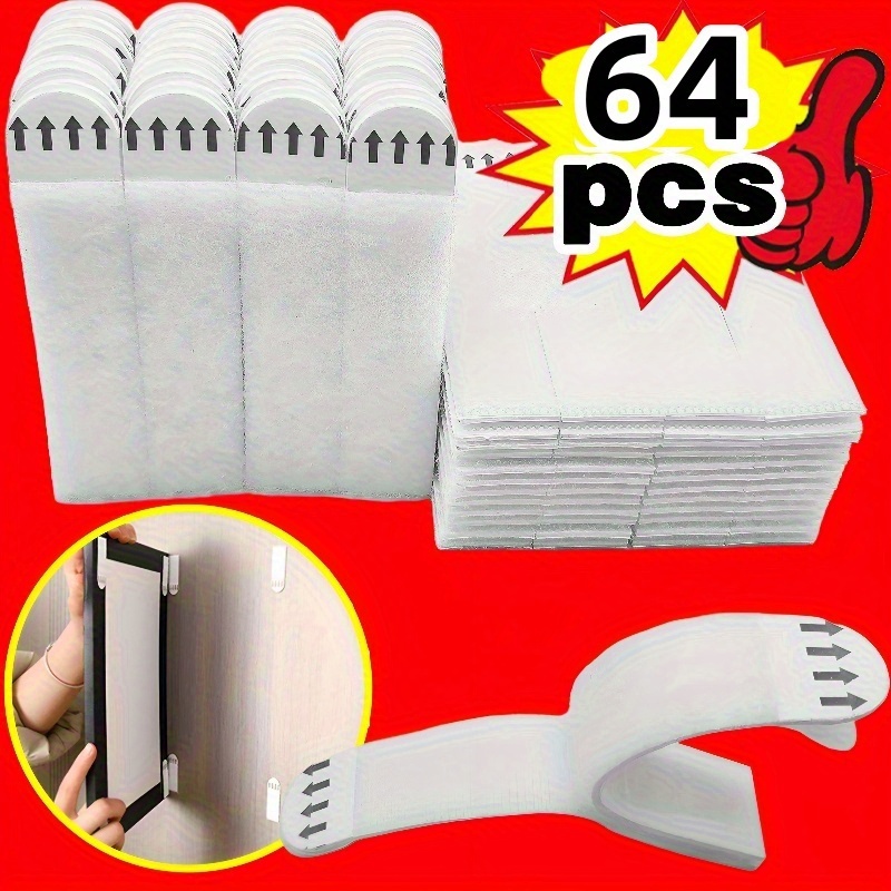 64pcs No-drill Adhesive Wall Hooks - Strong Plastic Removable Damage-free Hook Strips With Labels, White Modern Suction Cups Suitable For Photos, Picture Frames, Shelves, Mirrors, Utility Hooks