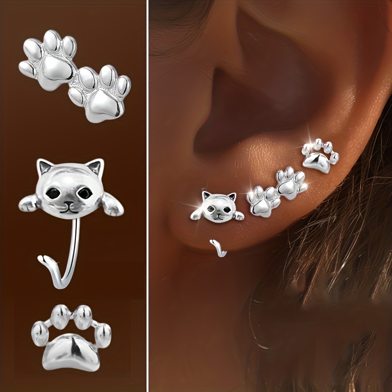 Image of 6pcs Cat Claw Stud Earrings Set, Fashionable Individual, , Exquisite And Sparkling, Suitable For Daily Vacation Banquet All-match Gifting, Ear Piercing, Low-allergy Unisex, Without Battery