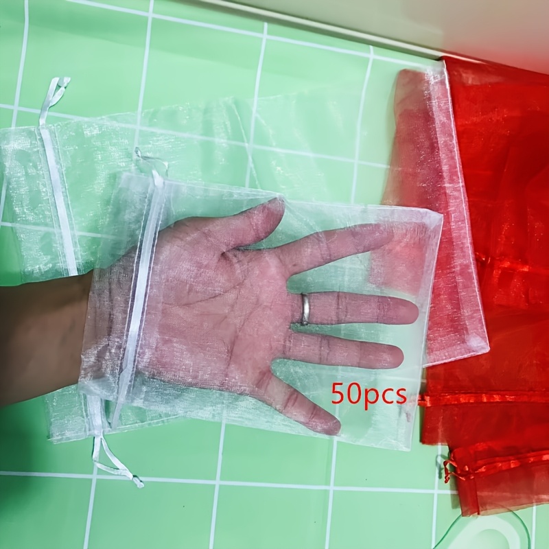 50pcs, White Organza Drawstring Bags, Bundle Pockets, Used For Packing Gifts, Candy, Jewelry, Wedding, Christmas, All Kinds Of Holiday Party Decorations, Good-looking And Durable