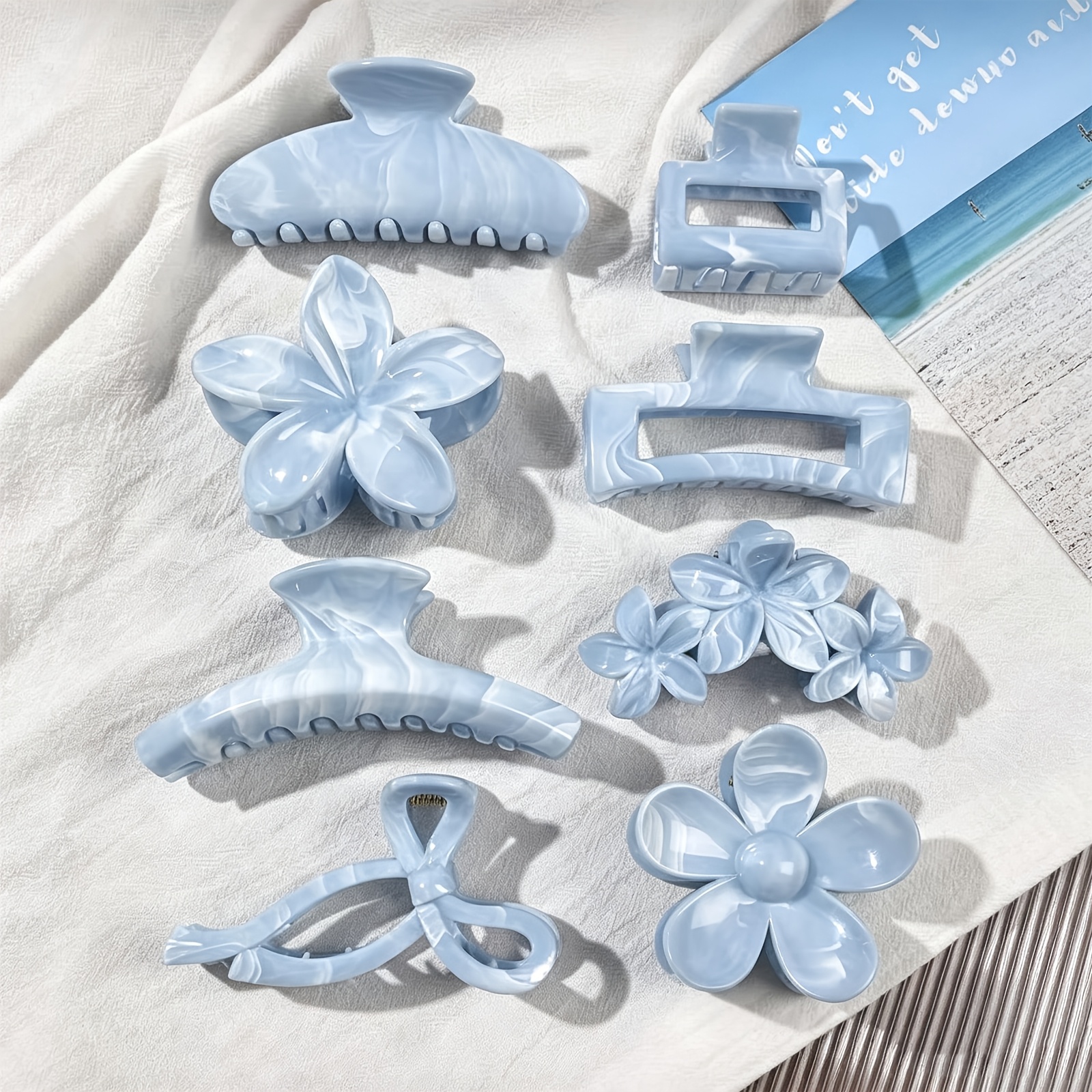 TEMU Lot de 8 pinces à cheveux effet marbre , barrettes à mâchoire de requin carrées ajourées avec nœud floral, style , barrettes à cheveux pastel