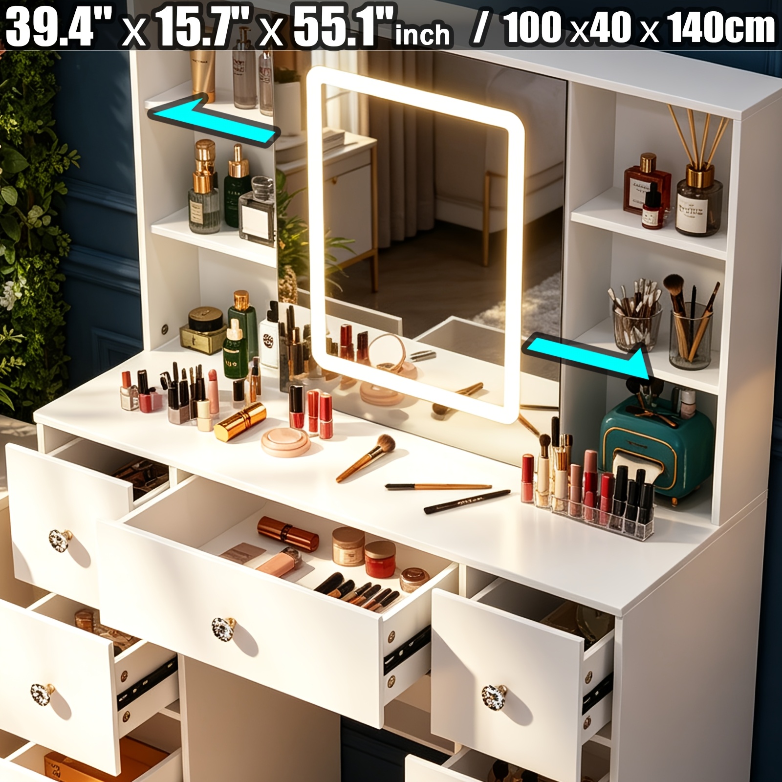 TEMU Modern Vanity Table With Sliding Mirror, Dressing Table Led Sliding Mirror Vanity Makeup Desk With Drawers & Crystal Pull - White Dressing Table