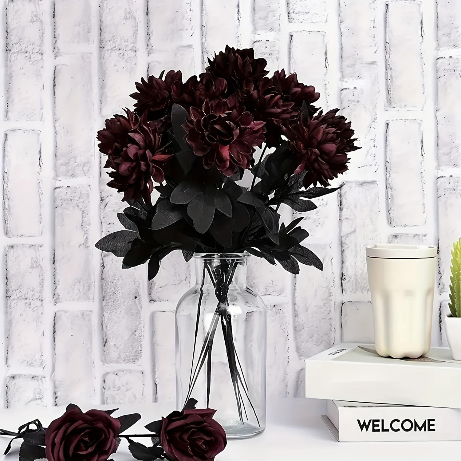 TEMU 7pcs Artificial Silkyy Dahlias Bouquet, Fake Flower Decoration, Halloween Harvest, Christmas, Valentine's Day Wedding, Bride Bouquet, Dining