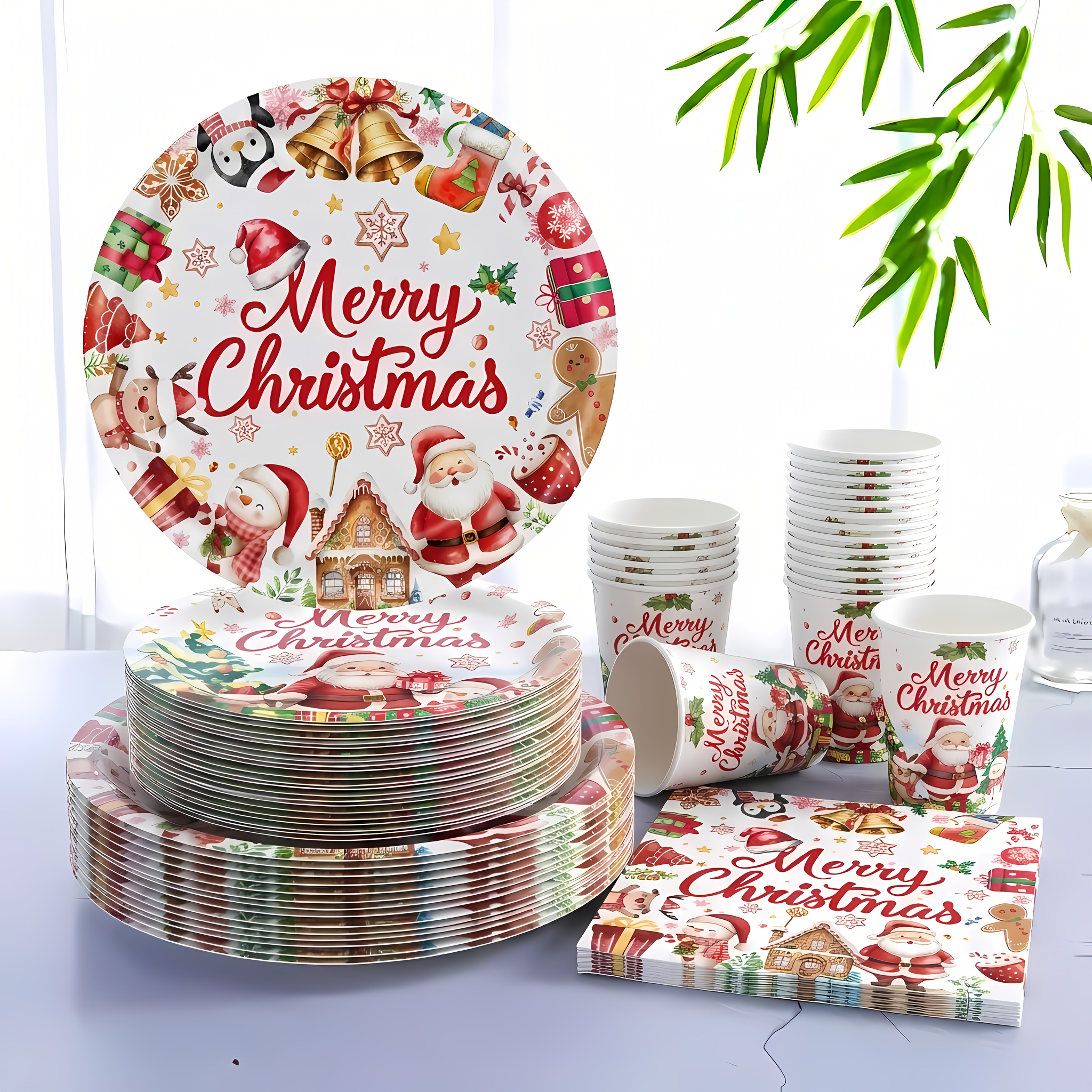 Image of 80pcs Party Plates And Tableware Set | Santa Claus Snowman Reindeer Christmas Tree Theme | Paper Cups Napkins Included | Christmas Festive Dinner Celebration | Table Desktop Decor Photo Background