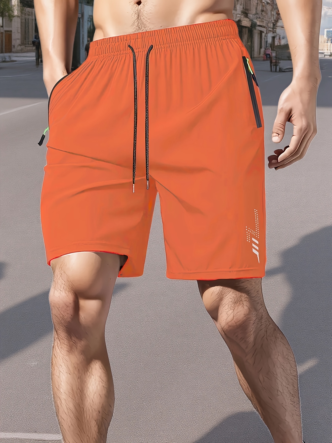 Men's Solid Quick Drying Shorts, Casual Slightly Stretch Elastic Waist Drawstring Shorts For Summer Gym Workout Training